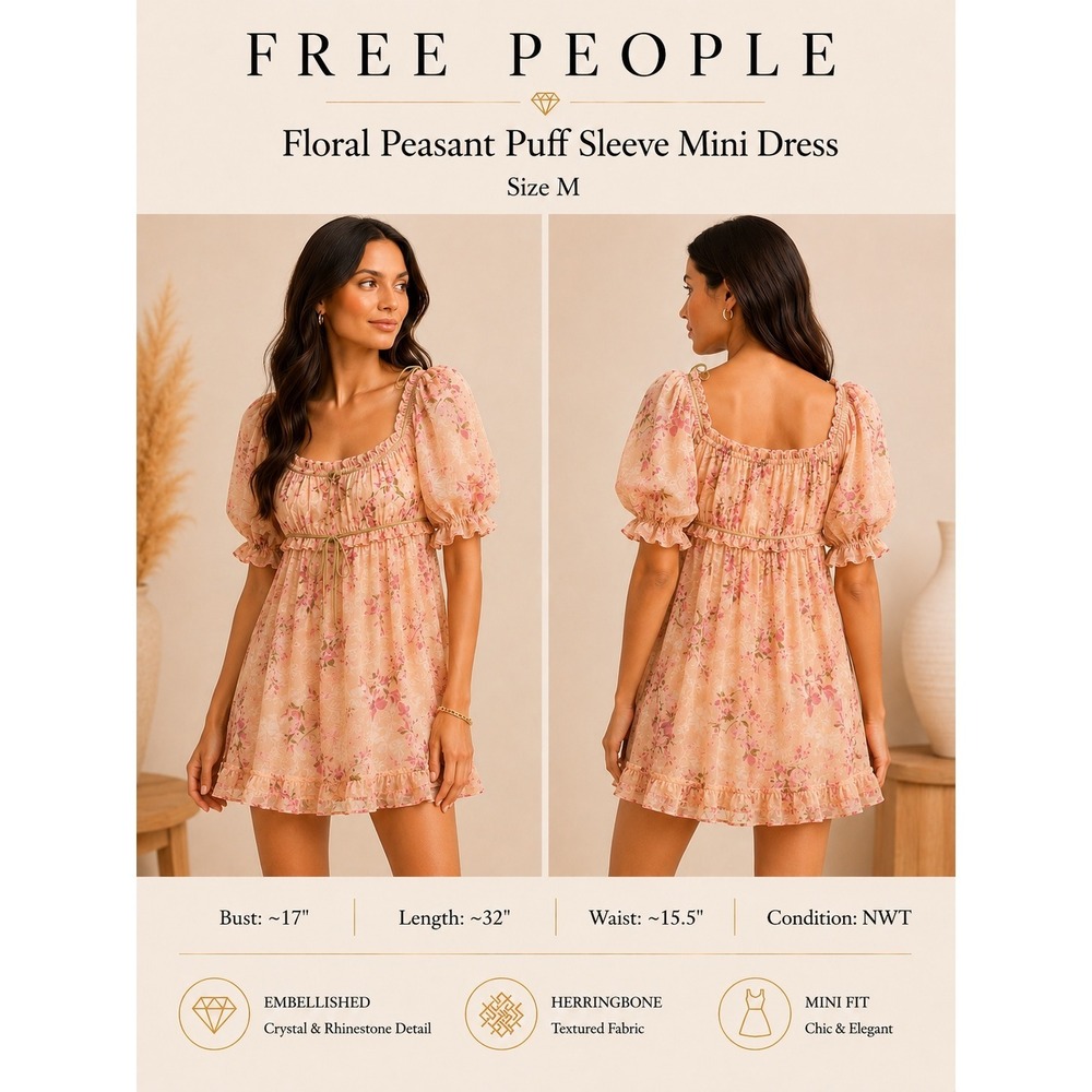Free People Floral Peasant Puff Sleeve Mini Dress Peach Combo NWT Size M